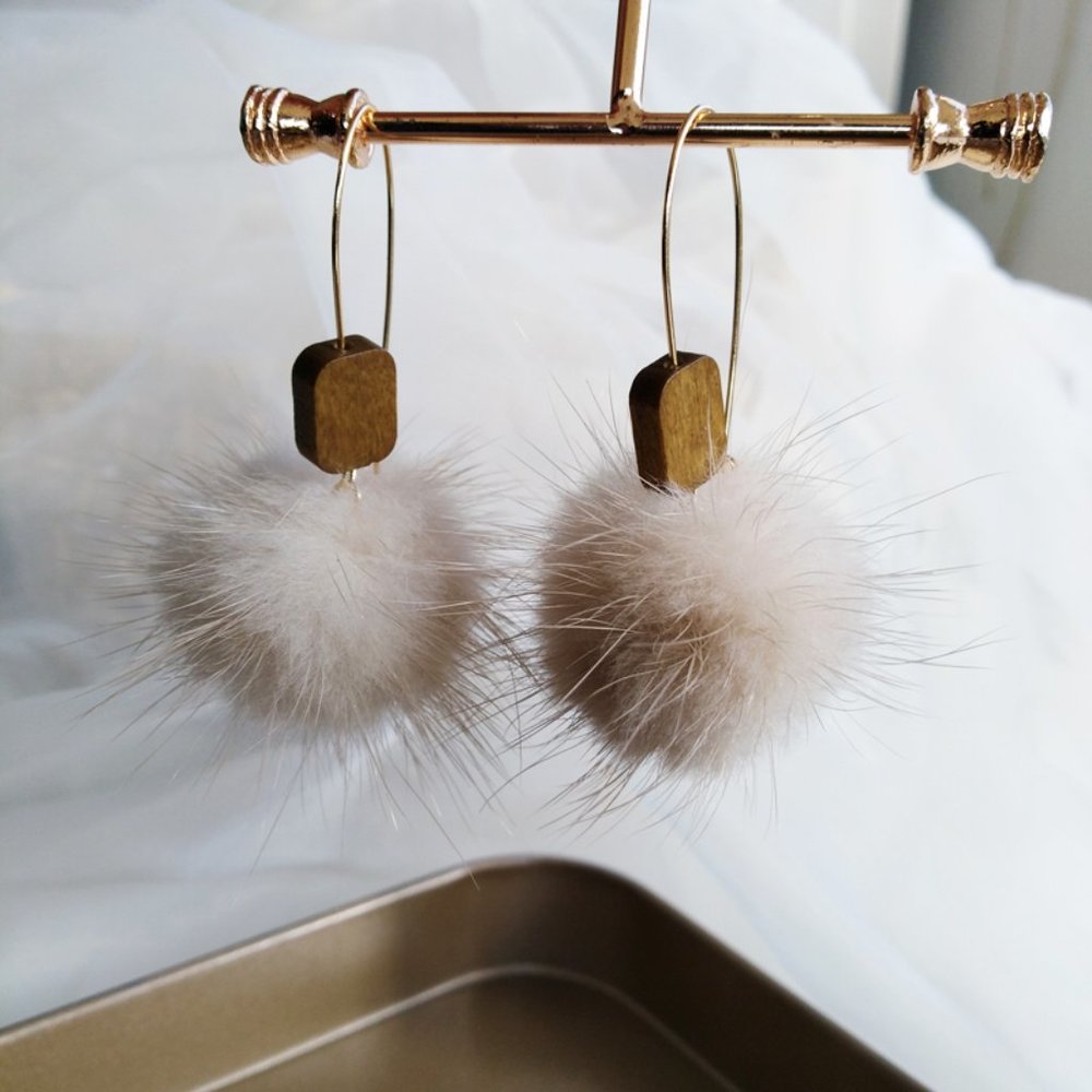 Furry Fur Ball Wood Hook Earrings - Picture 9 of 15